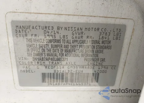 2014 Nissan Sentra Sv z USA, uszkodzony, nr VIN 3N1AB7AP4EL665371